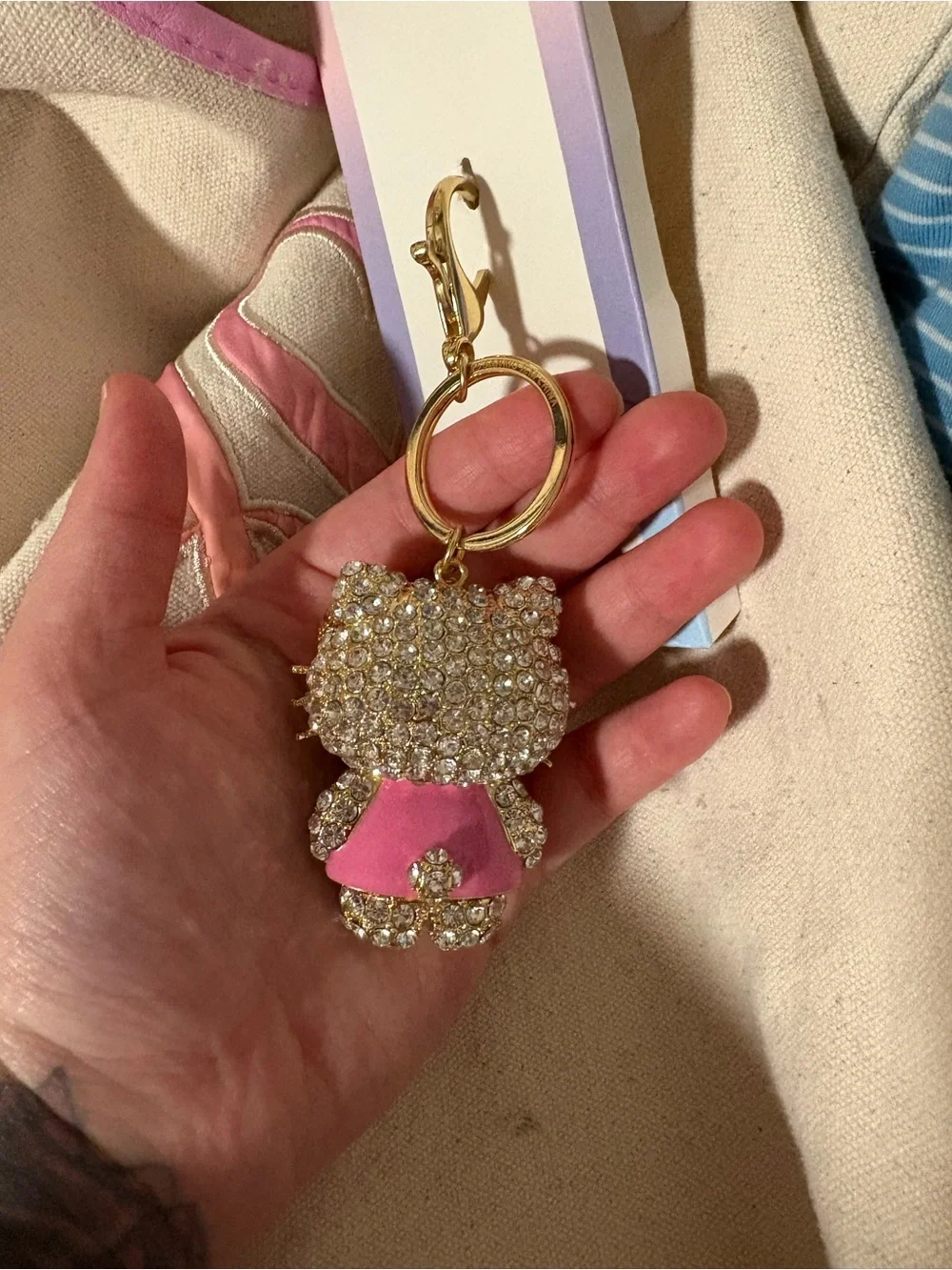 Gold Crystal Hello Kitty Keychain with Pink Accents